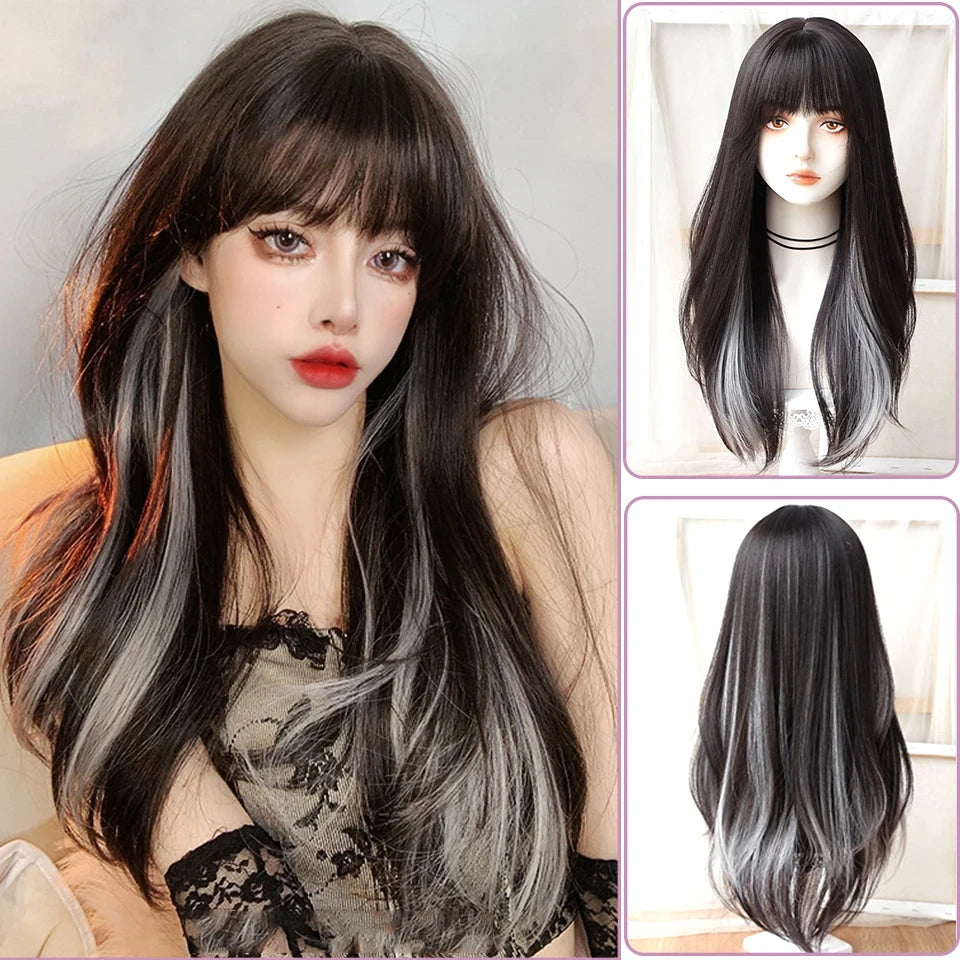 Kawaii Long Black & Red Wavy Wig 💖✨ - Cosplay & Daily Use with Bangs 🎀 | Harajuku Style!