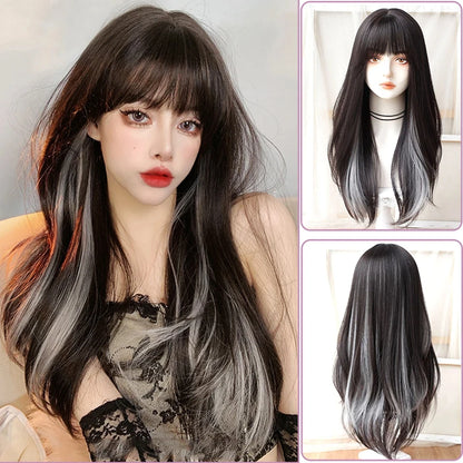 Kawaii Long Black & Red Wavy Wig 💖✨ - Cosplay & Daily Use with Bangs 🎀 | Harajuku Style!
