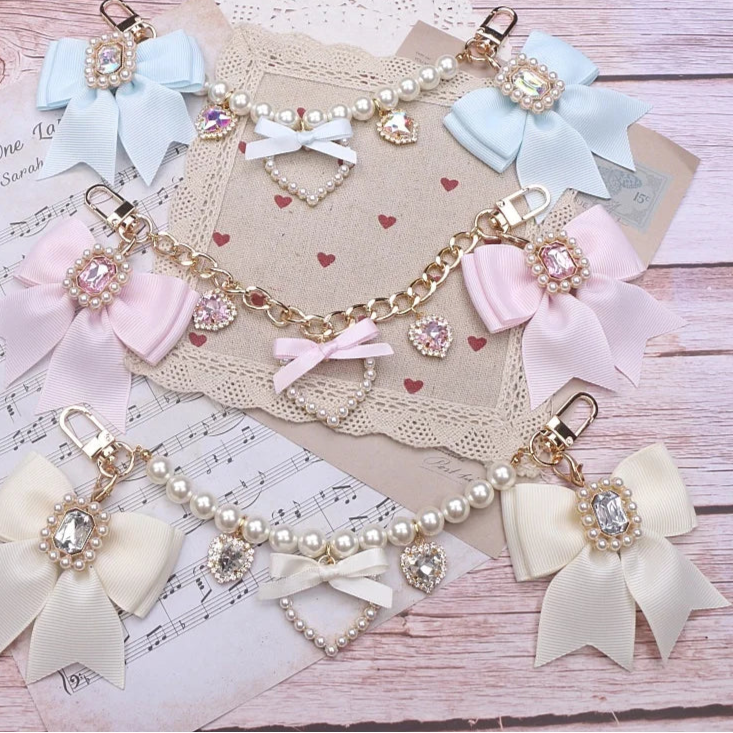 Kawaii Pearl Bow Rhinestone Love Pendant Bag Charm 🎀 | Handmade Japanese Sweet Accessories for Girls 💖✨