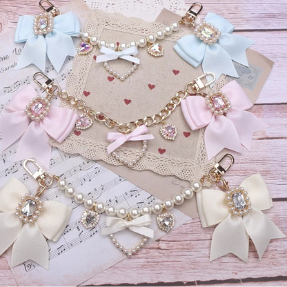 Kawaii Pearl Bow Rhinestone Love Pendant Bag Charm 🎀 | Handmade Japanese Sweet Accessories for Girls 💖✨