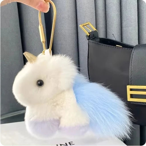 Kawaii Fluffy Unicorn Keychain Charm 🦄✨ Real Rabbit Fur Backpack Clip & Handbag Accessory for Girls & Women