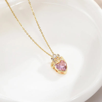 Pink Crown Heart Necklace For Women Stainless Steel Collarbone Chain 💗👑✨