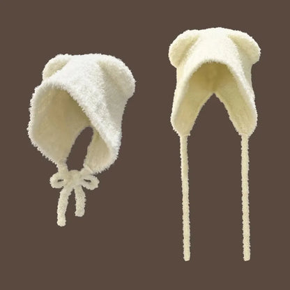 Kawaii Bear Ear Knitted Wool Hat 🐻❄️ | Cozy Winter Bomber Cap with Lace-Up Design for Warmth!