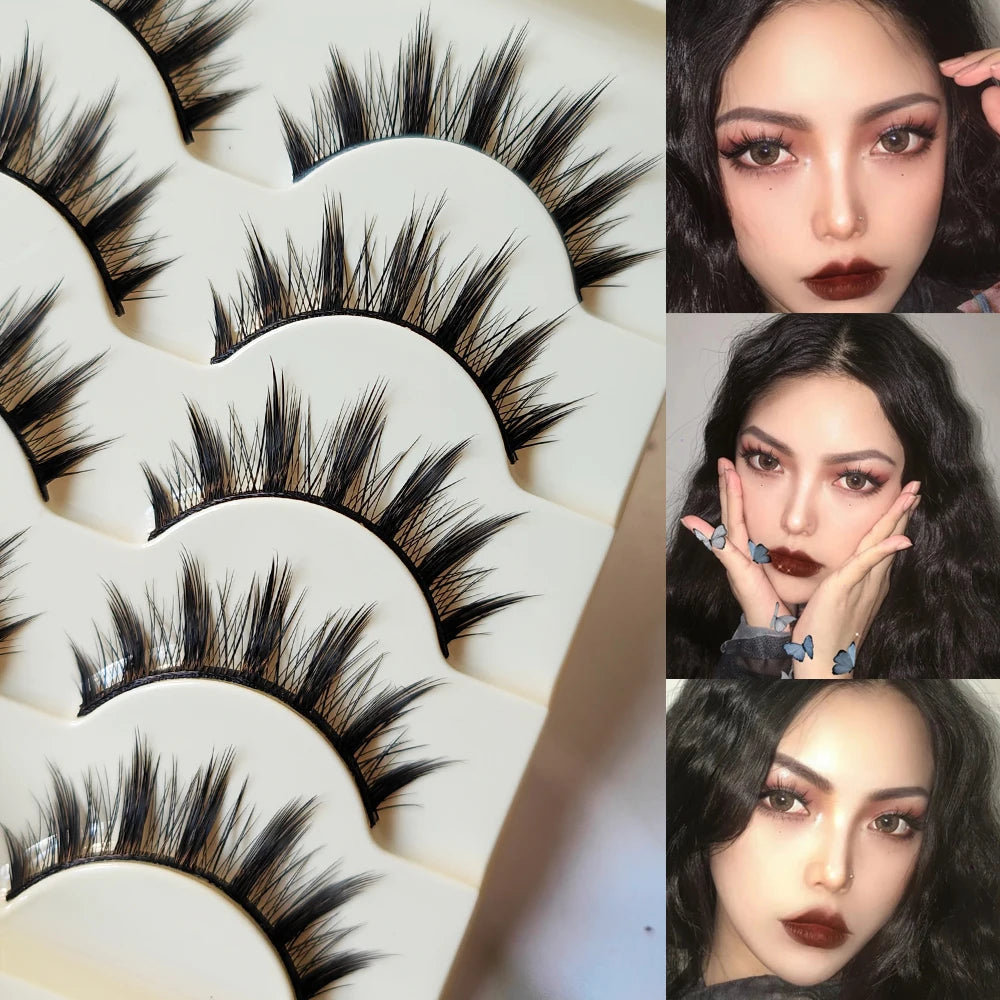 Whimsical Cat Eye False Eyelashes 5 Pairs Natural Long Cross Strip Lashes For Cosplay Manga Look Handmade 💖✨