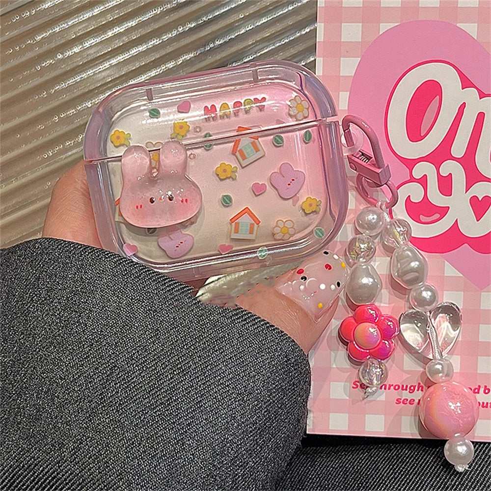 🐰💕 Adorable 3D Pink Bunny AirPods Case with Flower Pendant 🌸✨ - Pixie Quill
