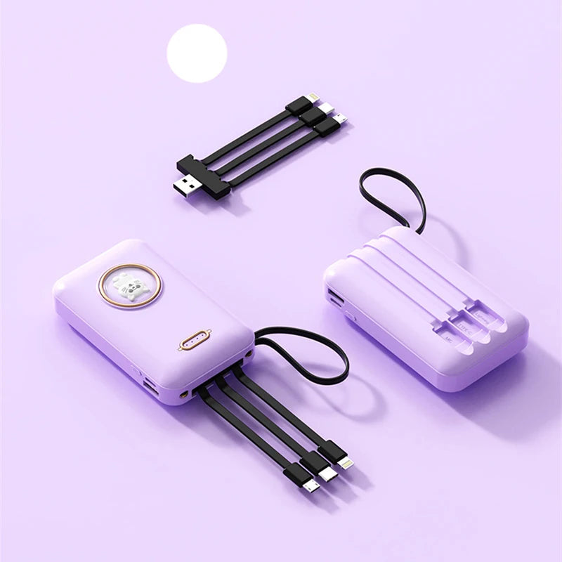 Kawaii Pet Power Bank 🐾✨ | 20,000mAh Mini Charger with Built-in Cables & LED Light 💖