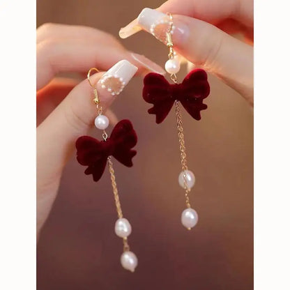 Charming Wine Red Bow Pearl Tassel Earrings 🎀🌟 | Kawaii 2024 Bridal Jewelry ✨