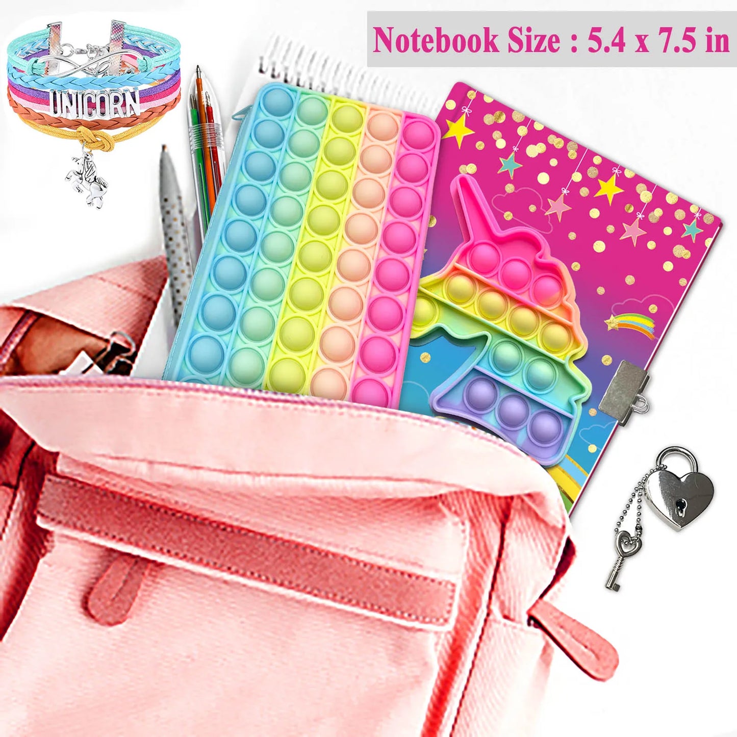 Kawaii Pop Fidget Journal Set 🎀✨ - Lockable Butterfly Diary, Colorful Pens, Adorable Pencil Case & Fashion Bracelet for Creative Kids! 🦋🖊️