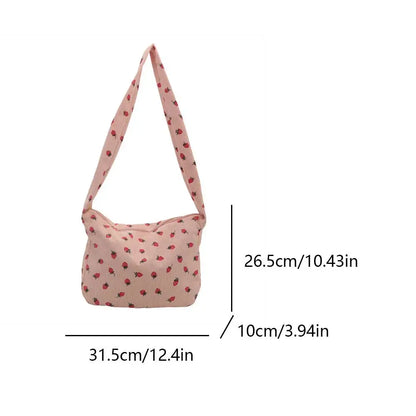 Strawberry Printed Shoulder Bag Corduroy Crossbody Bag Large Capacity Women Tote Bag Aesthetic Commuting Satchel Handbags Bolsas - Pixie Quill