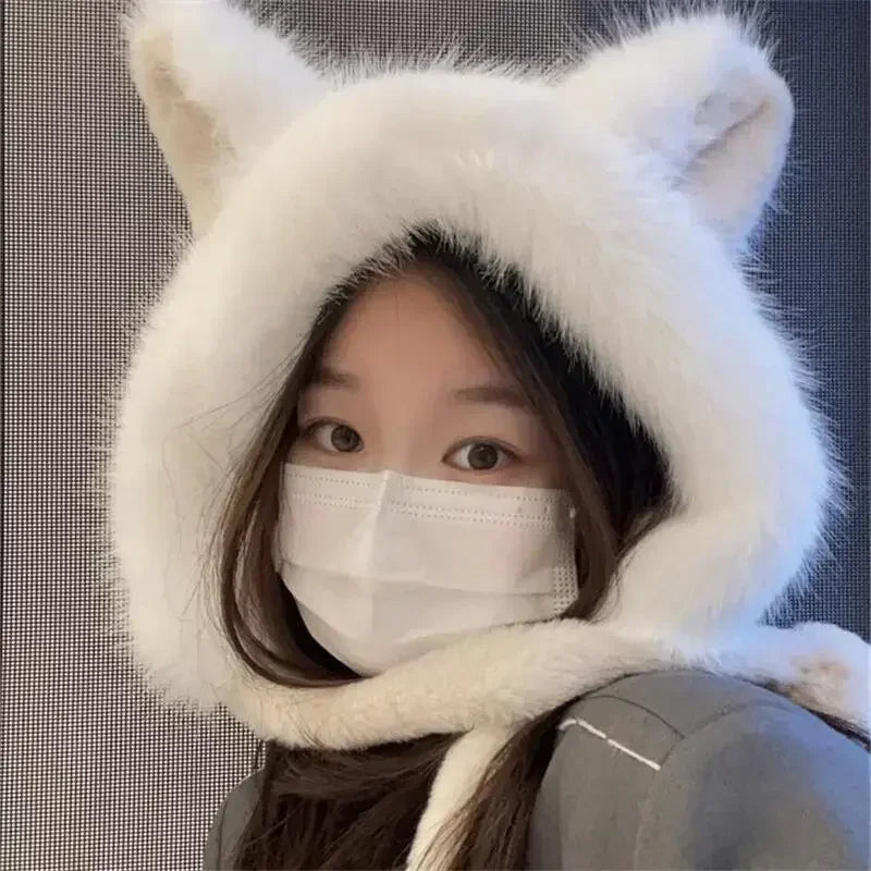Kawaii Cat Ear Winter Beanie 🐾✨ Fluffy Faux Fur Ski Hat for Spicy Girls 🧣❄️ Cozy Knitted Retro Cap