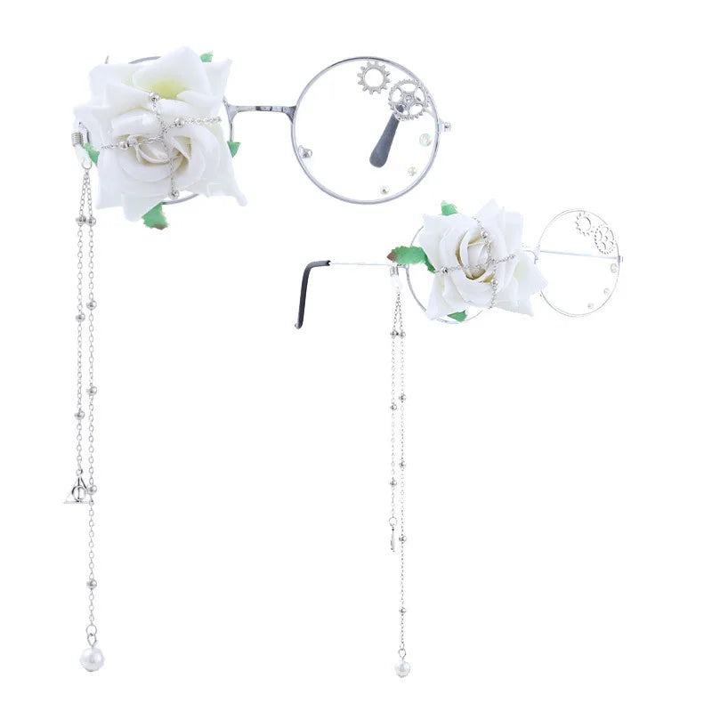 Kawaii Round Glasses with Sakura Chain 🌸✨ Cute Retro Eyewear for Cosplay & Daily Wear 👓💖