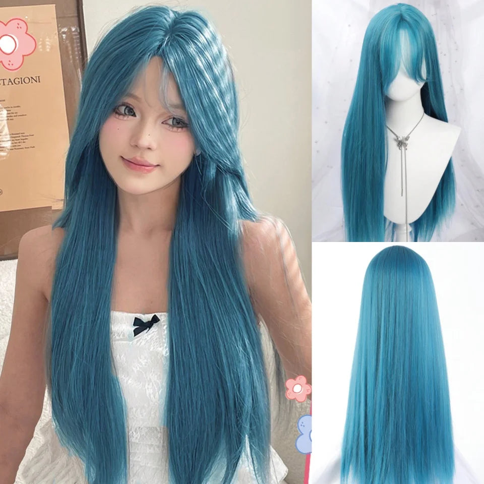 Enchanting Ombre Kawaii Wig 🌈✨ - Long Straight Lolita Style with Bangs in Glacier Blue & Blonde!