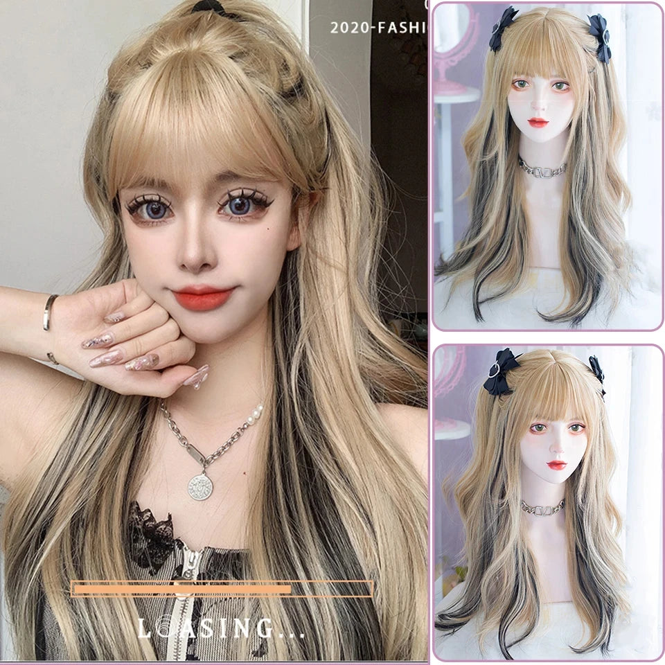 Kawaii Long Black & Red Wavy Wig 💖✨ - Cosplay & Daily Use with Bangs 🎀 | Harajuku Style!