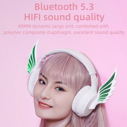 Kawaii Winged Bluetooth Headphones 🎶✨ Hi-Fi Stereo 🎧 Game On! 🎮 Noise-Canceling Mic & App Control! 🌈