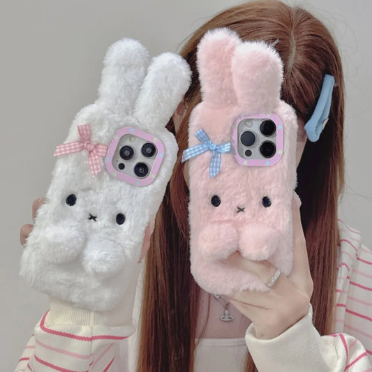 Kawaii 3D Fluffy Bunny Phone Case 🐰💖 for iPhone 11 12 13 14 15 16 Plus - Cozy Winter Furry Cover!