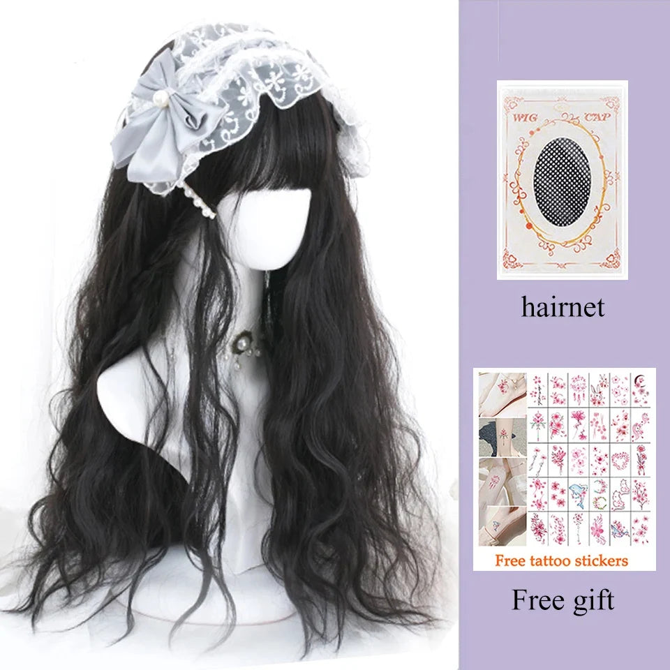 Kawaii Long Black & Red Wavy Wig 💖✨ - Cosplay & Daily Use with Bangs 🎀 | Harajuku Style!