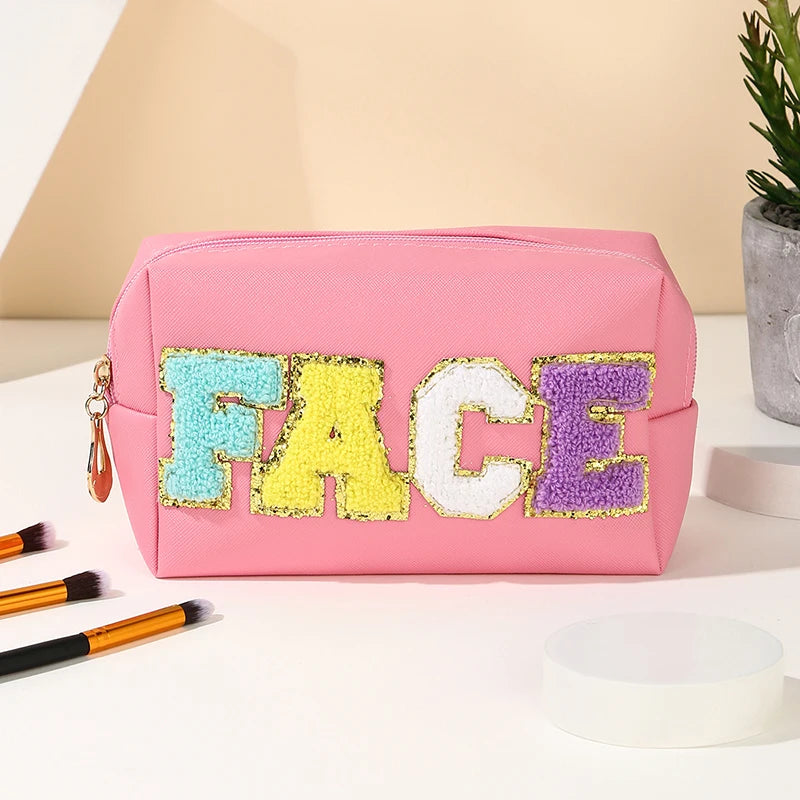 Kawaii Chenille Letter Waterproof Makeup Pouch ✨👜 Cute PU Leather Toiletry Bag for Travel 🌈💖