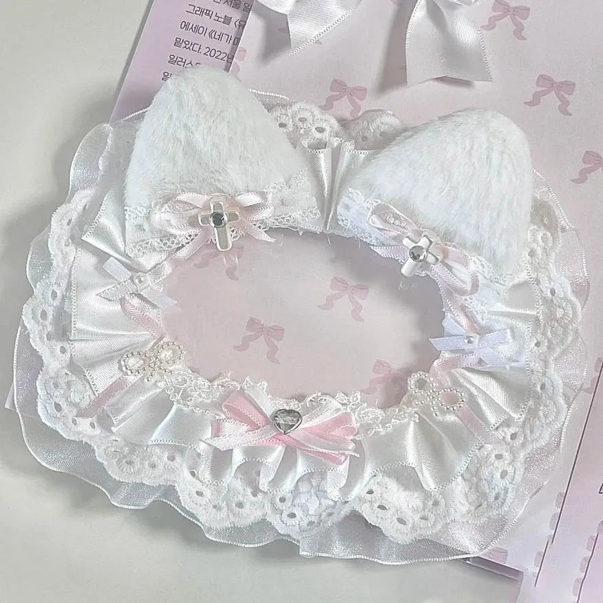 Kpop Idol Photo Holder Poker Storage Decor with Lace and Ribbon Plush Ears Cute Photocard Top Loader