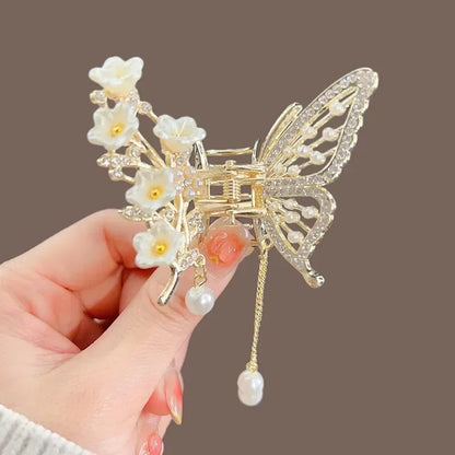 Kawaii Butterfly Pearl Hair Claw 🌸✨ | Cute Red Flower Hairpin for Girls & Women 🎀 | Perfect Festival & Party Accessory!