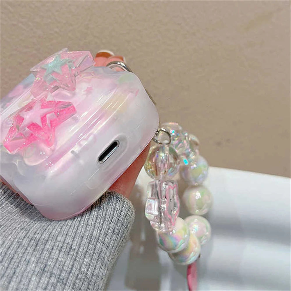 Korean Cute 3D Pink Star Wavy Border Headphones Case For AirPods 1 2 3 With Love Heart Bead Pendant Soft Cover For AirPods Pro 2 - Pixie Quill