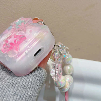 Korean Cute 3D Pink Star Wavy Border Headphones Case For AirPods 1 2 3 With Love Heart Bead Pendant Soft Cover For AirPods Pro 2 - Pixie Quill