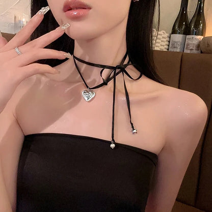 ✨Sweet Peach Heart Vibes 💖 Rope Ribbon Pendant Necklace for Trendy Ladies! 🌟