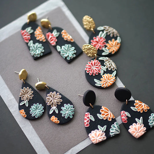 Black Dark Delicate Floral Pattern Vintage Ethnic Multi Sizes Solid Bright Daisy Polymer Clay Earrings Set Stud Party Daily Wear