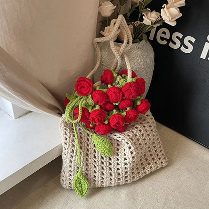 Rose Crochet Handbag Cute Spring Knitted Shoulder Bag Floral Bloom 🌸💖