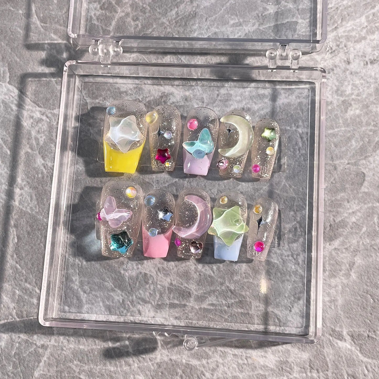 Kawaii 10Pcs Starfish & Rabbit Press-On Nails 🌊🐇✨ | Colorful Handmade Full Cover Nail Tips for a Cute Manicure!