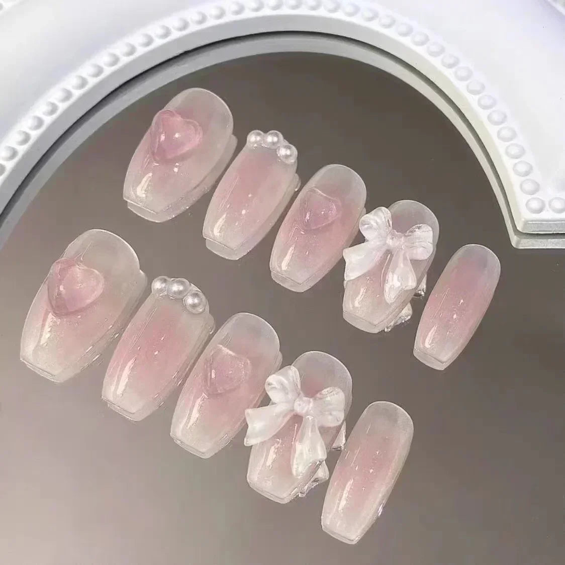 Kawaii 3D Press-On Nails Set 💖✨ - 10Pcs with Love Hearts, Moon, Butterfly & Rhinestones 🌙🦋 - Perfect for Nail Art Lovers!
