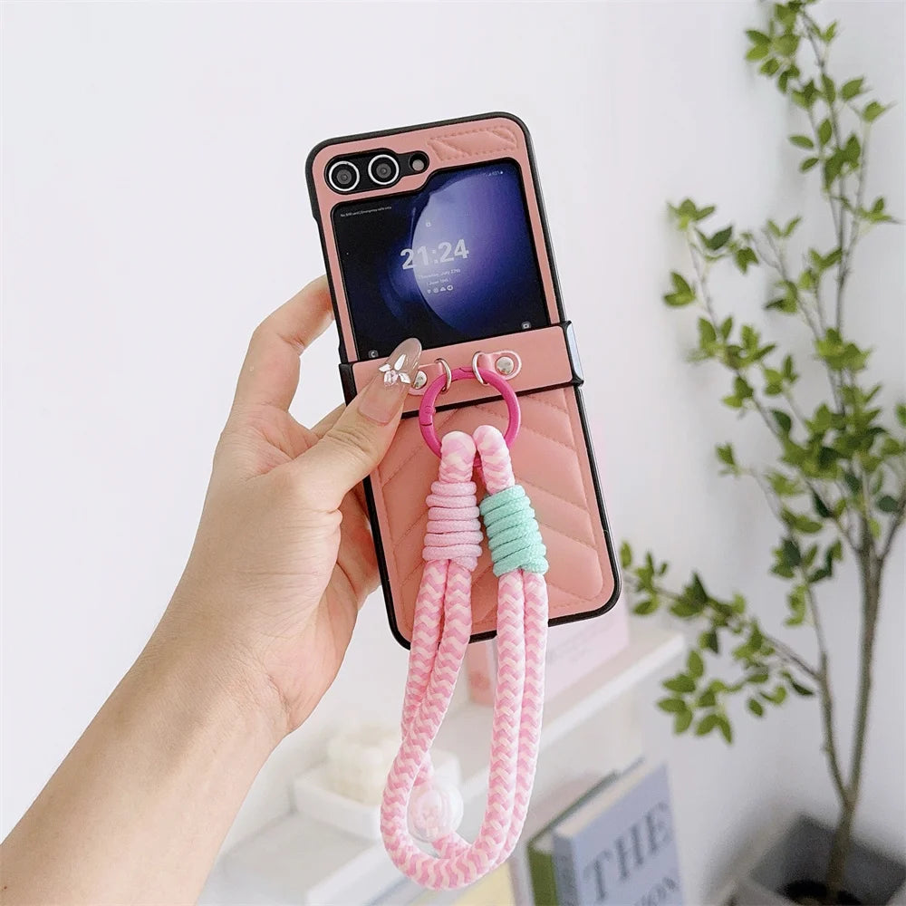 Kawaii Cozy Down Jacket PU Leather Case with Cute Wrist Strap for Samsung Galaxy Z Flip 6/5/4/3 📱✨