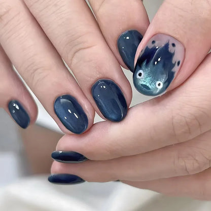 Kawaii Dreamy Starry Press-On Nails 🌙✨ | 24pcs Gradient Blue French Tips with Gold Moon Designs 🌟💅 for Sweet Almond Looks!