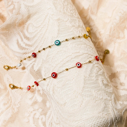 Pastel Chibi Devil's Eye Beads Stainless Steel Bracelet For Women 14K Plated Chain Jewelry Daily Wear 🧿💗🎀