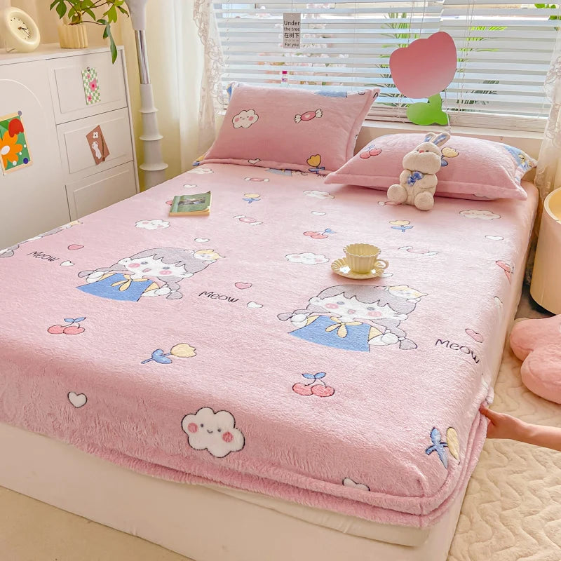 Cozy Kawaii Snowflake Velvet Fitted Sheet 🌨️✨ Fluffy Coral Fleece for Winter Dreams! 💖 Custom Sizes Available! 🛏️