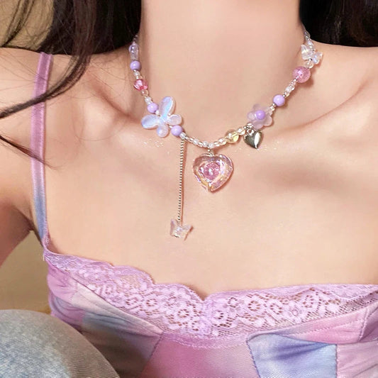 Kawaii Heart & Butterfly Choker Necklace 🌈✨ | Y2K Aesthetic Punk Jewelry for Girls 💖🎀