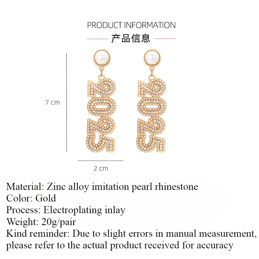 Kawaii 2025 Number Stud Earrings 🌟✨ Cute Long Rhinestone & Pearl Accents for Women 🎉 Perfect Gift for Friends & Family! 🌈