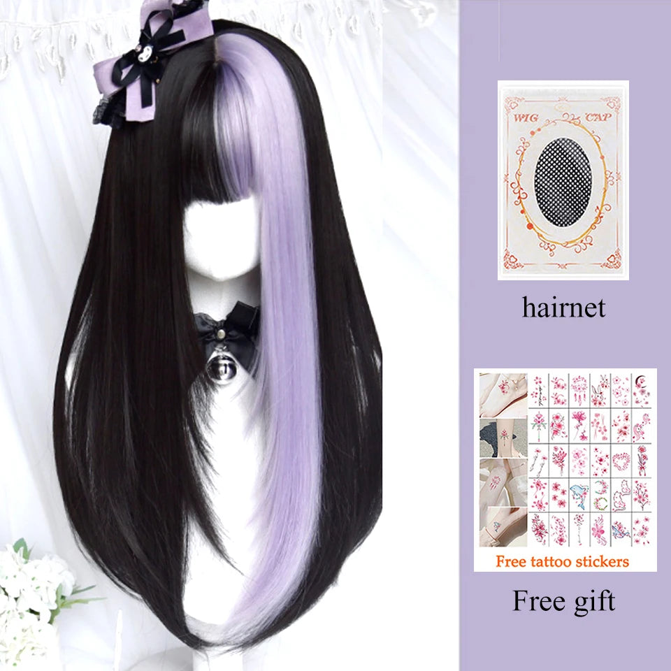 Kawaii Long Black & Red Wavy Wig 💖✨ - Cosplay & Daily Use with Bangs 🎀 | Harajuku Style!