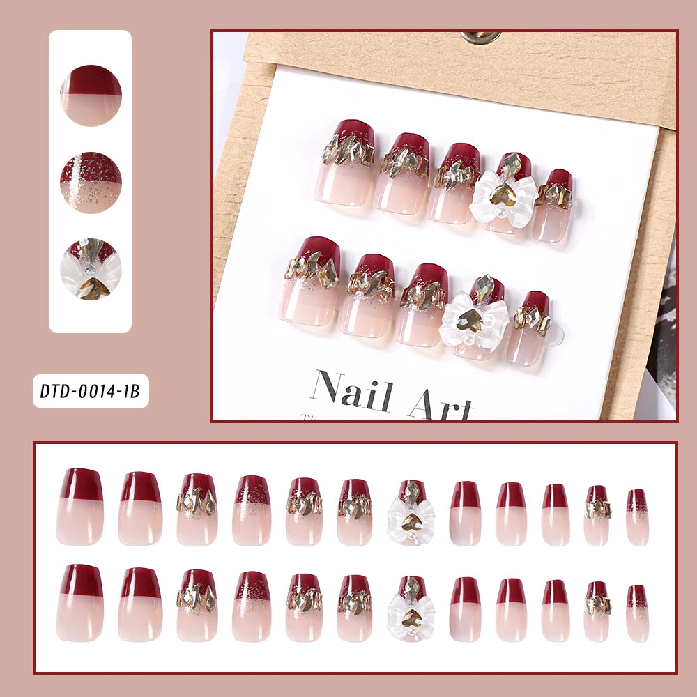 Kawaii Bunny Blossom 🌸✨ 24pcs Pink Flower Rhinestone Coffin Press-On Nails - Acrylic Nail Art for a Cute Touch! 🐰💖