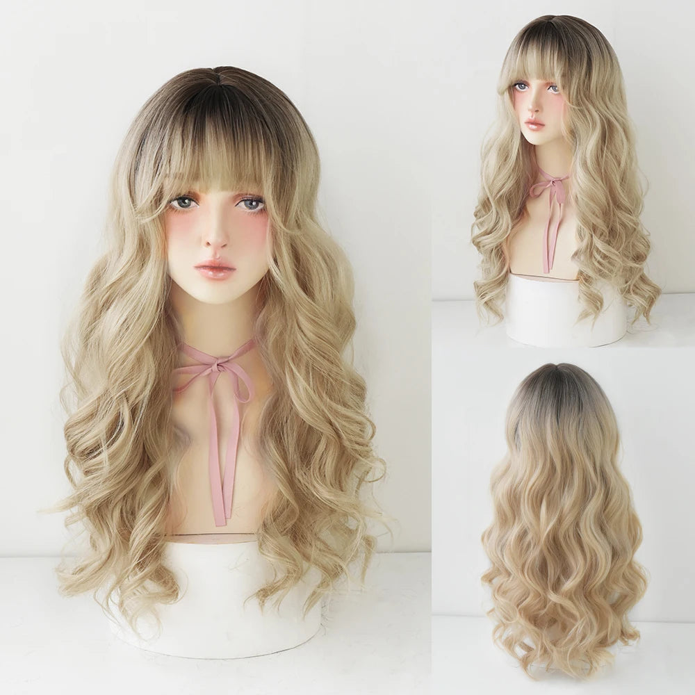 Kawaii Blonde Cosplay Wig 🎀✨ | Wavy Synthetic Hair with Bangs for Daily & Party Looks 💖