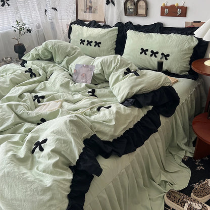 Kawaii Princess Black Bow Bedding Set 🖤✨ Soft Cotton Duvet Cover & Pillowcases for Dreamy Sleep 💤🌸