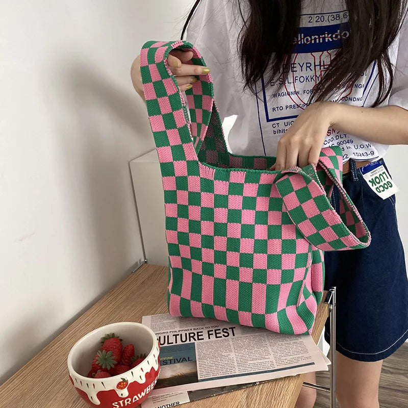 💖 Cozy Checkerboard Knitted Tote 👜✨ - Fun & Funky Large Capacity Bag! 🎉 - Pixie Quill