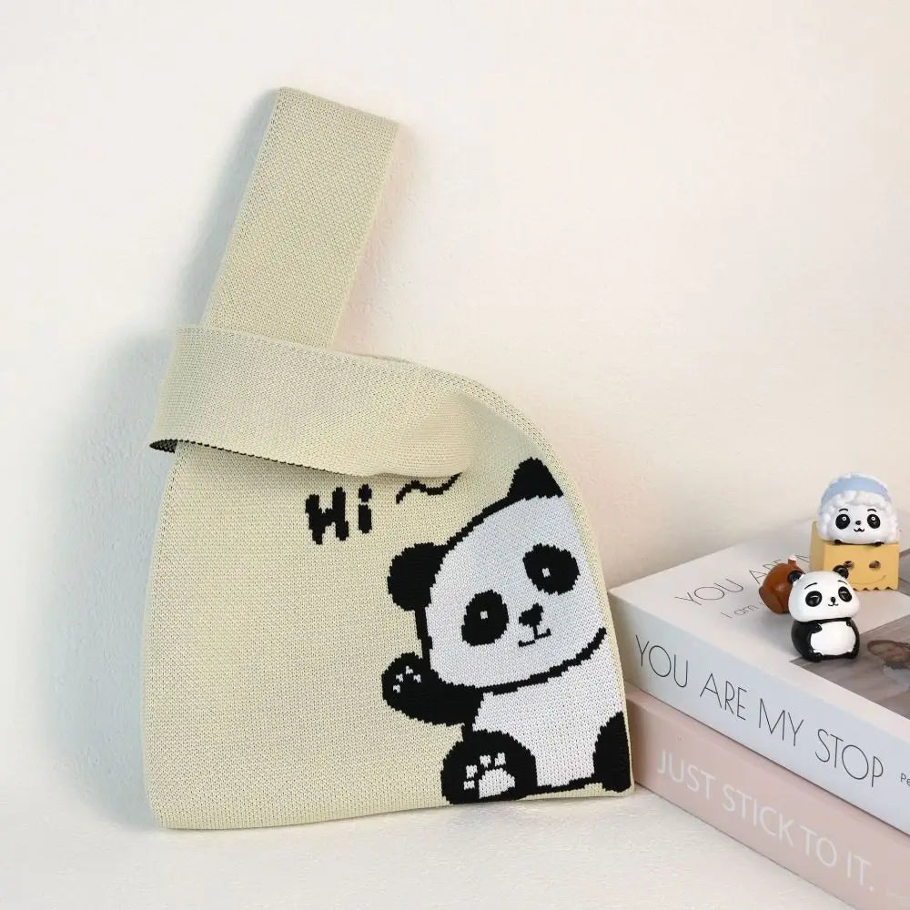 🐼 Adorable Panda Knit Tote 👜 Handmade High-Capacity Wrist Bag for Students ✨ - Pixie Quill
