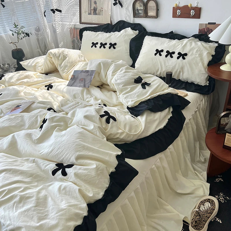 Kawaii Princess Black Bow Bedding Set 🖤✨ Soft Cotton Duvet Cover & Pillowcases for Dreamy Sleep 💤🌸