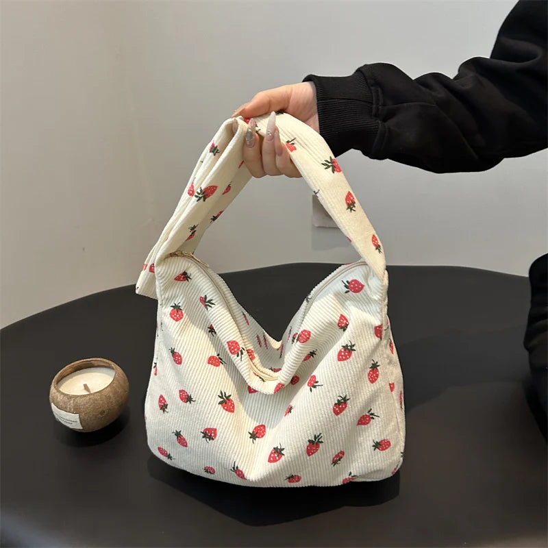 Strawberry Printed Shoulder Bag Corduroy Crossbody Bag Large Capacity Women Tote Bag Aesthetic Commuting Satchel Handbags Bolsas - Pixie Quill