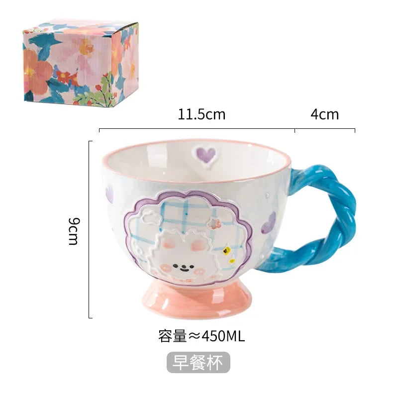 Charming Kawaii 450ml Hand-Painted Ceramic Mug ☕️✨ Cute Breakfast Oatmeal Cup for Joyful Mornings! 🎉