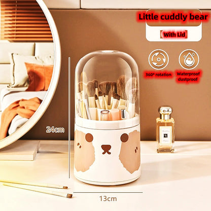 Adorable 360° Rotating Bear Makeup Brush Holder 🐻💖 - Cute Cosmetic Organizer with Lid for Brushes, Lipsticks & More! 🌈✨