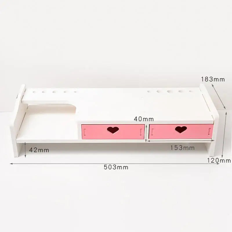 Kawaii Pink & White Heart Drawer Desk Organizer 💖✨ - Cute Monitor Riser & Stationery Holder for Students!