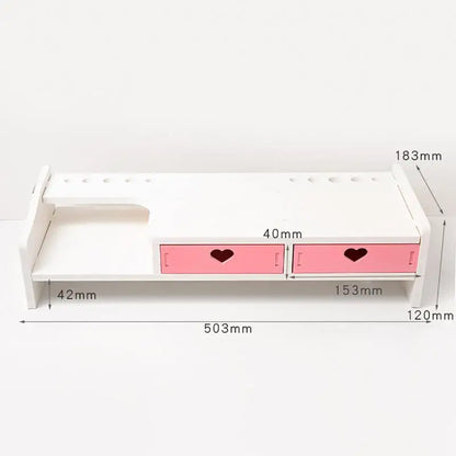 Kawaii Pink & White Heart Drawer Desk Organizer 💖✨ - Cute Monitor Riser & Stationery Holder for Students!