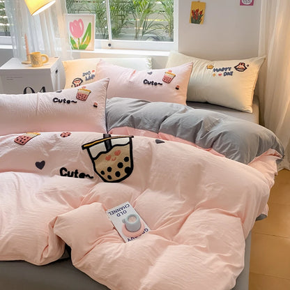 Kawaii Milk Tea Cartoon Duvet Set ☕✨ Plush Bedding for Girls 🛏️💕