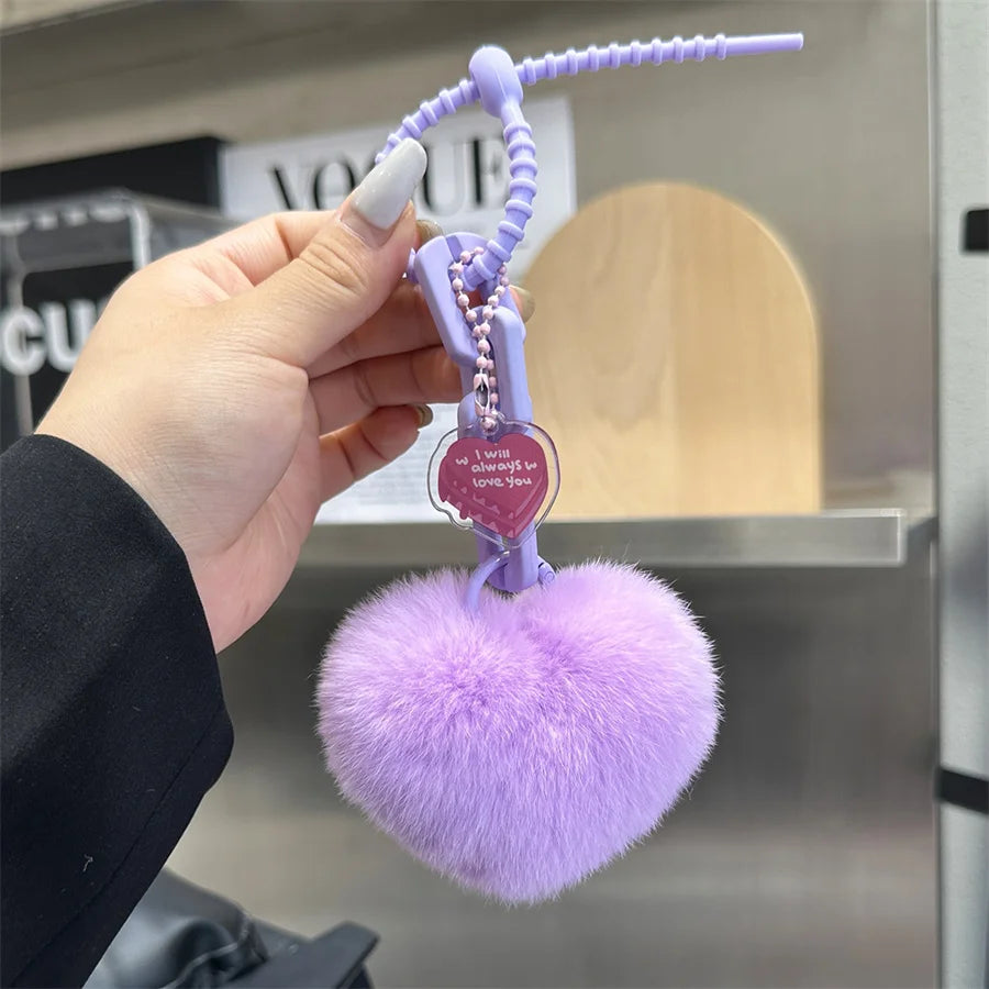 Kawaii Heart Rabbit Fur Keychain 🐰💖 | Adorable Fluffy Bag Charm for Women & Girls 🎀✨